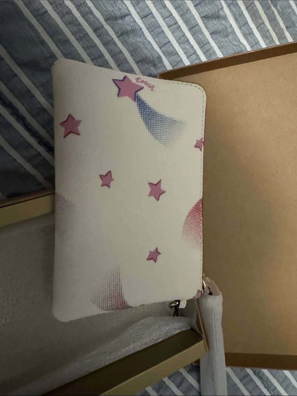 Coach White Wristlet with Pink Star Print and Gold Hardware